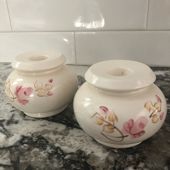 Vintage Hand Painted Ceramic Taper Candleholders Pink Roses by Lasting Products - Picture 2 of 9